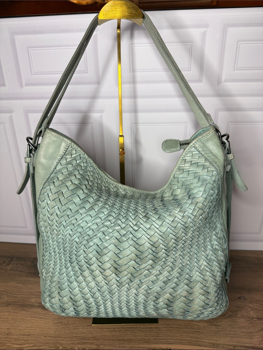 Genuine Leather Woven Hobo Shoulder Bag Seafoam Sage Green Boho L Soft Leather